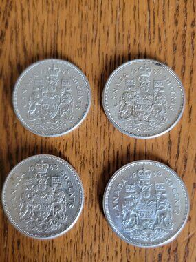 Vintage 1963 Canadian 50 Cent Silver Coins-lot of4